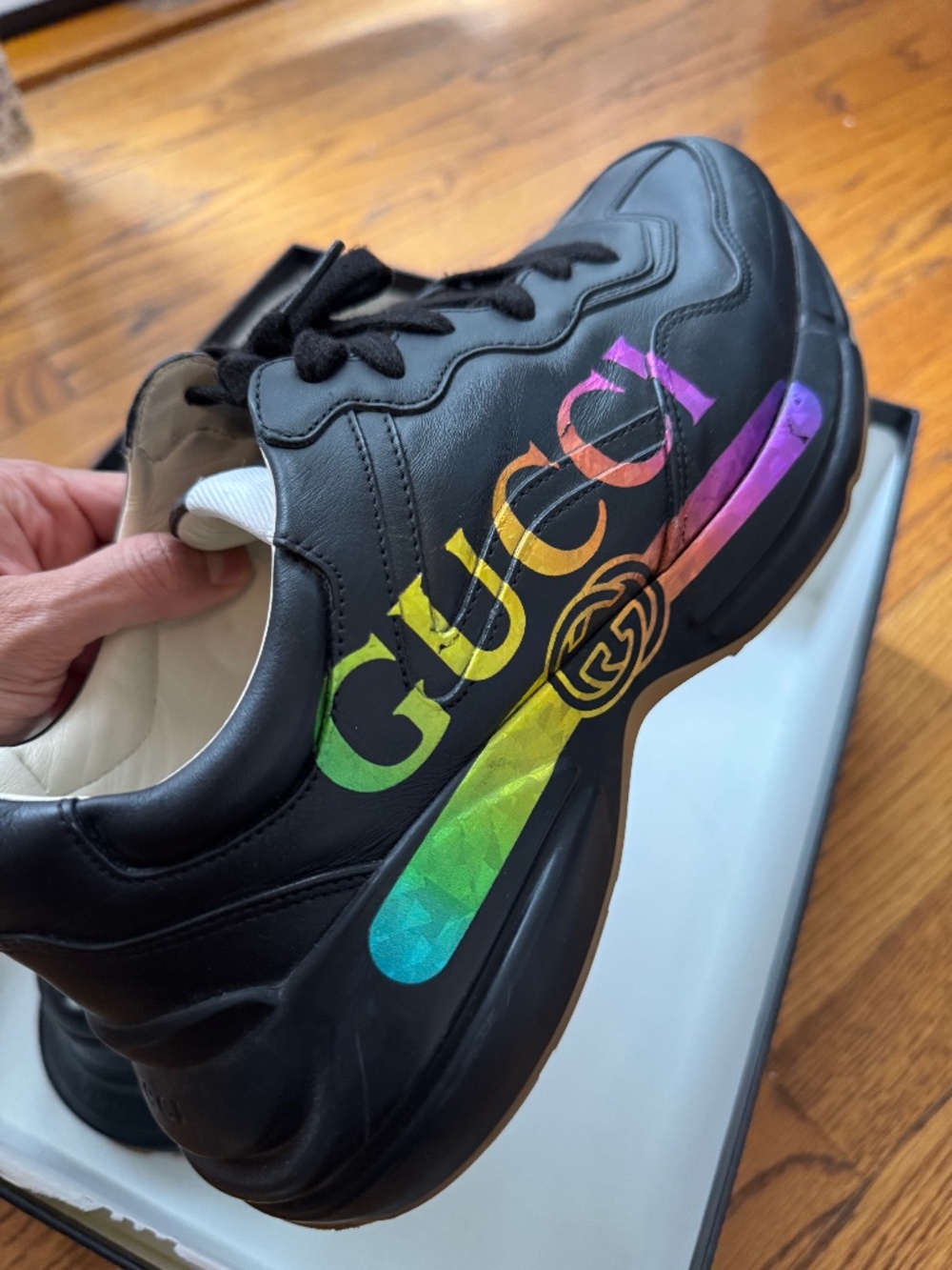 Authentic Gucci Rhyton Black Rainbow Logo Sneakers – Men's Size 7